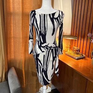 Vtg Cache Womens Black White Abstract Print Long Sleeve Faux Wrap Sheath Dress 2